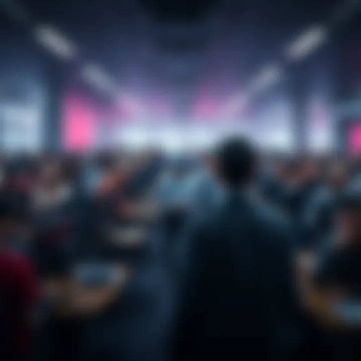 A visual representation of job cuts at Xbox, showing a large group of people looking concerned, with empty office desks in the background.
