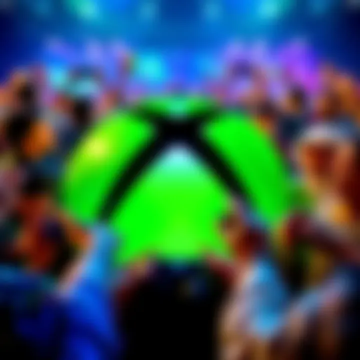 An Xbox logo surrounded by happy fans holding game controllers, celebrating the brand's revival in gaming.