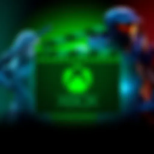Xbox logo with movie clapperboard and iconic video game characters from Elder Scrolls and Halo in the background