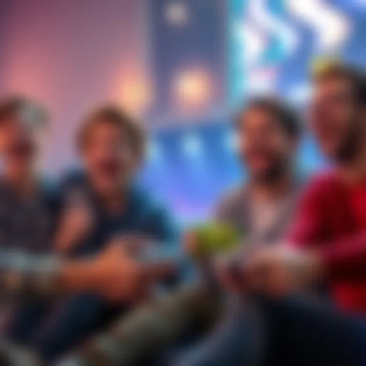 A group of friends playing Xbox together, enjoying free multiplayer games with excitement and laughter.