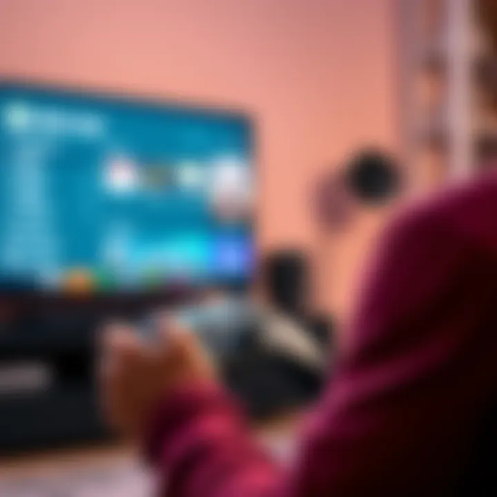 A person considering an Xbox One console with its controller in hand, looking at a TV screen showing gaming options.