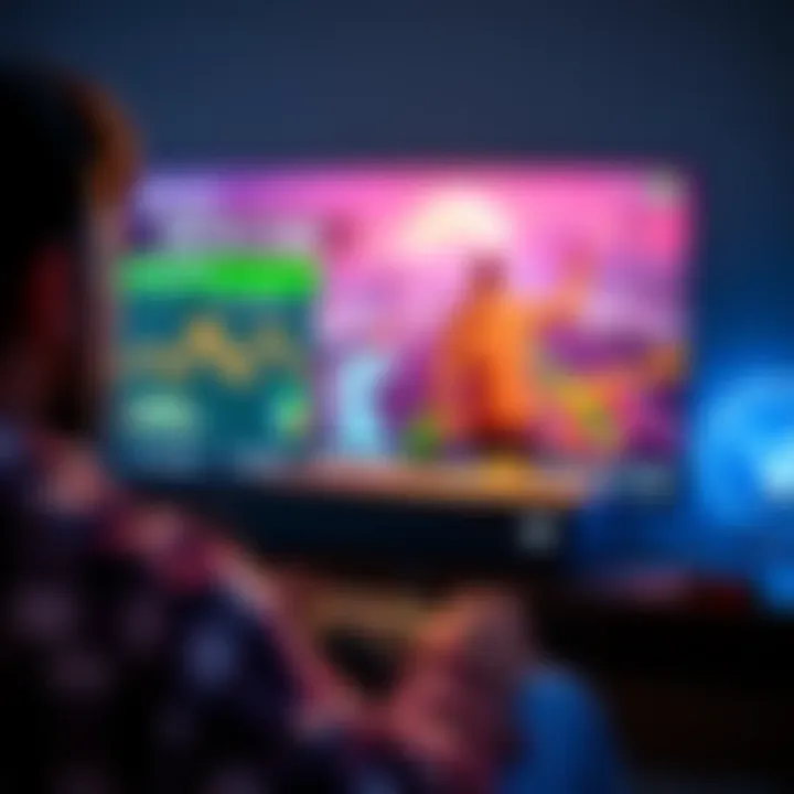 A gamer using an Xbox One console showing a gameplay scene on TV with a focus on performance indicators