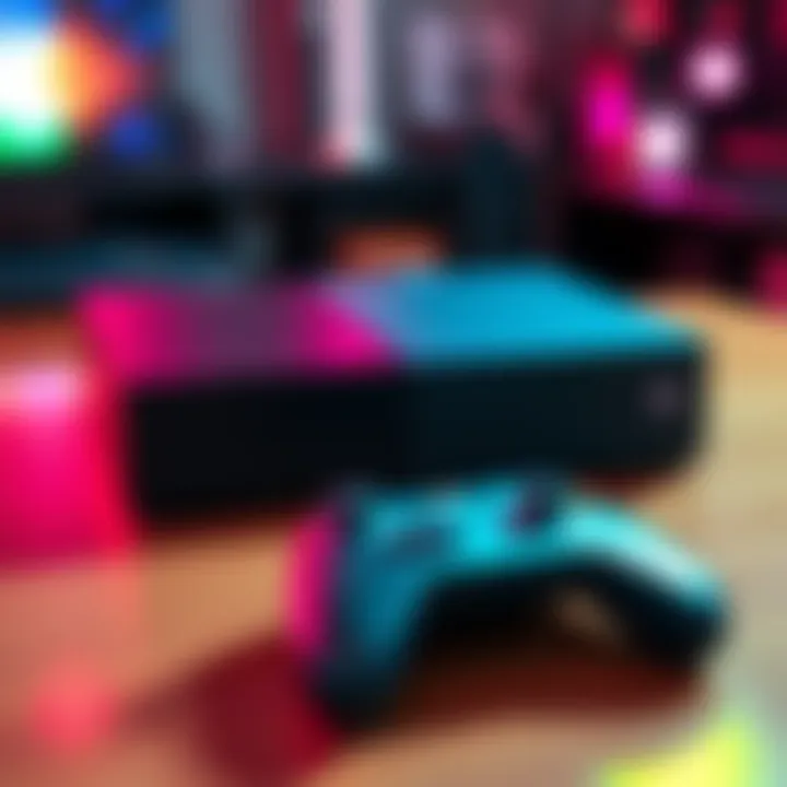 A used Xbox One X console placed on a table with a game controller next to it, showcasing its sleek design and gaming potential.