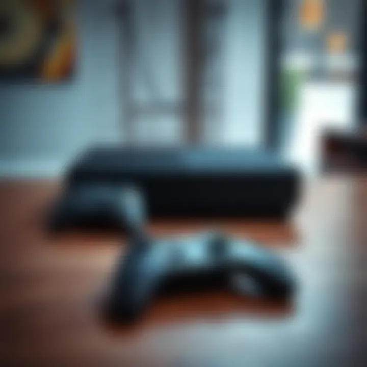 A sleek Xbox One X console on a wooden table with a black controller beside it.