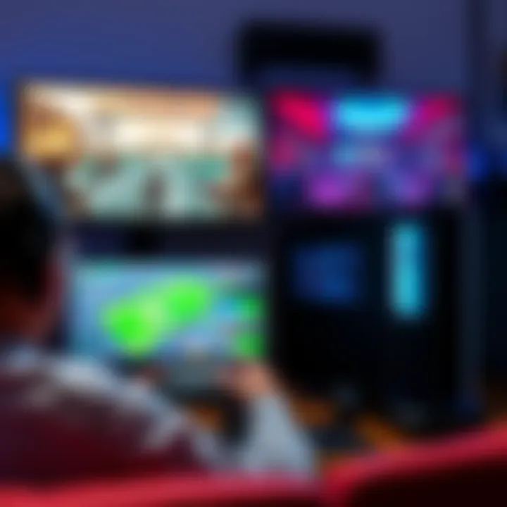 A gamer playing on an Xbox and PC simultaneously, showing both screens with multiplayer gaming action