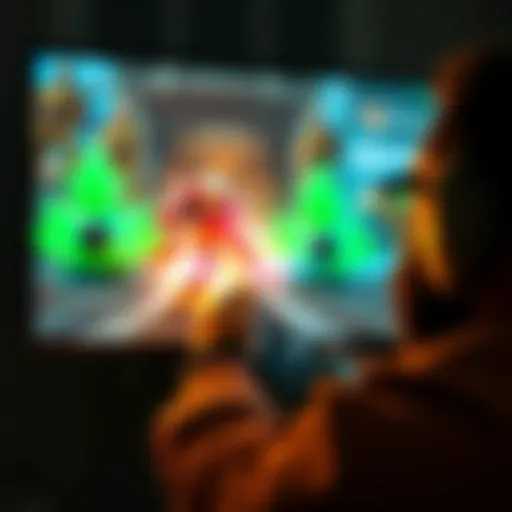 Xbox player facing a challenge on screen A gamer intensely focused on an Xbox screen showing gameplay on lethal difficulty, with character action and vibrant graphics