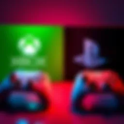 A visual comparison of Xbox and PlayStation logos alongside gaming controllers to show competition in Europe.