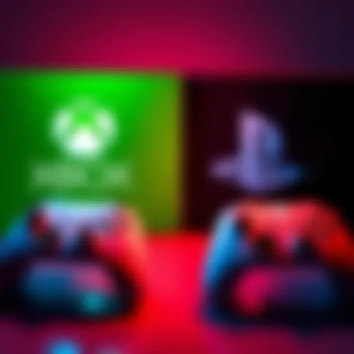 A visual comparison of Xbox and PlayStation logos alongside gaming controllers to show competition in Europe.