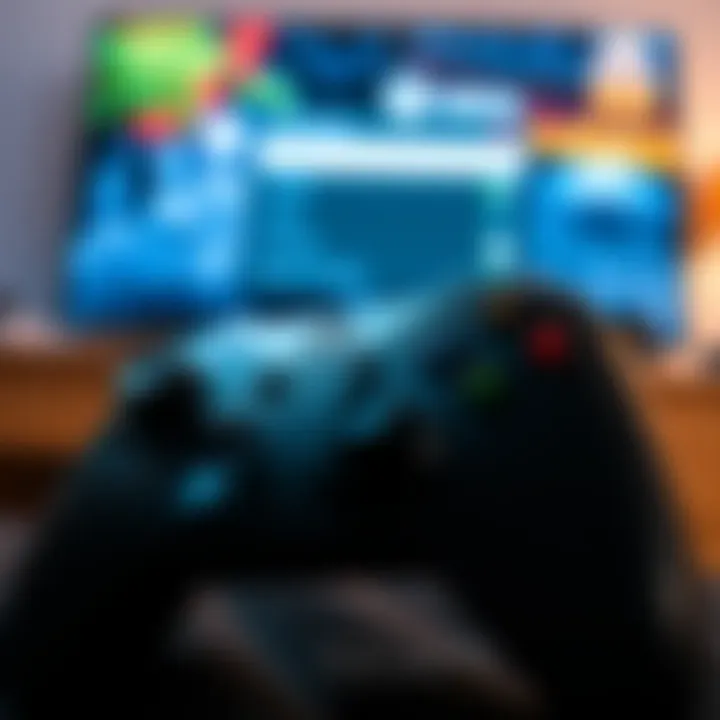 Close-up of an Xbox controller with a privacy settings screen displayed on a TV in the background.