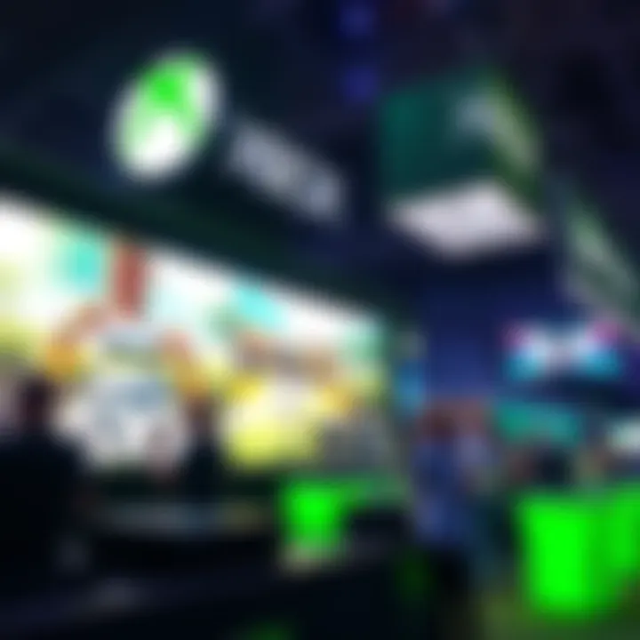A vibrant XBOX promotional booth featuring gaming consoles, large screens displaying gameplay, and excited fans interacting with the setup.