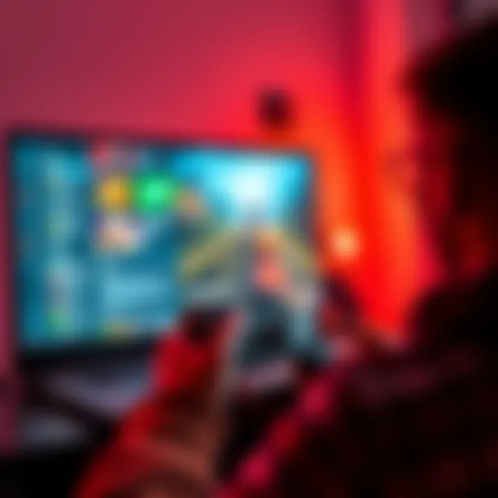 A gamer using Xbox Remote Play on a PC, with a controller in hand and a laptop displaying the gaming interface.