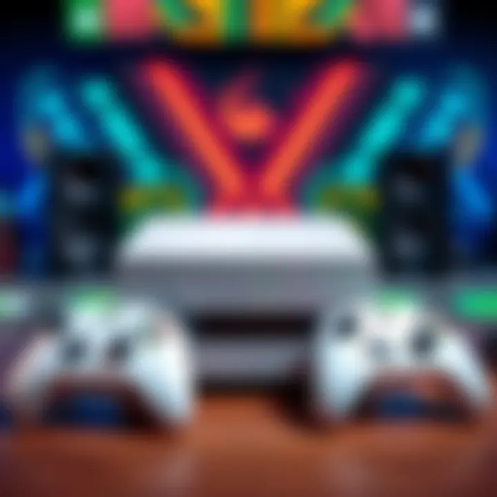 An Xbox Series S console displayed with two controllers on a gaming setup.