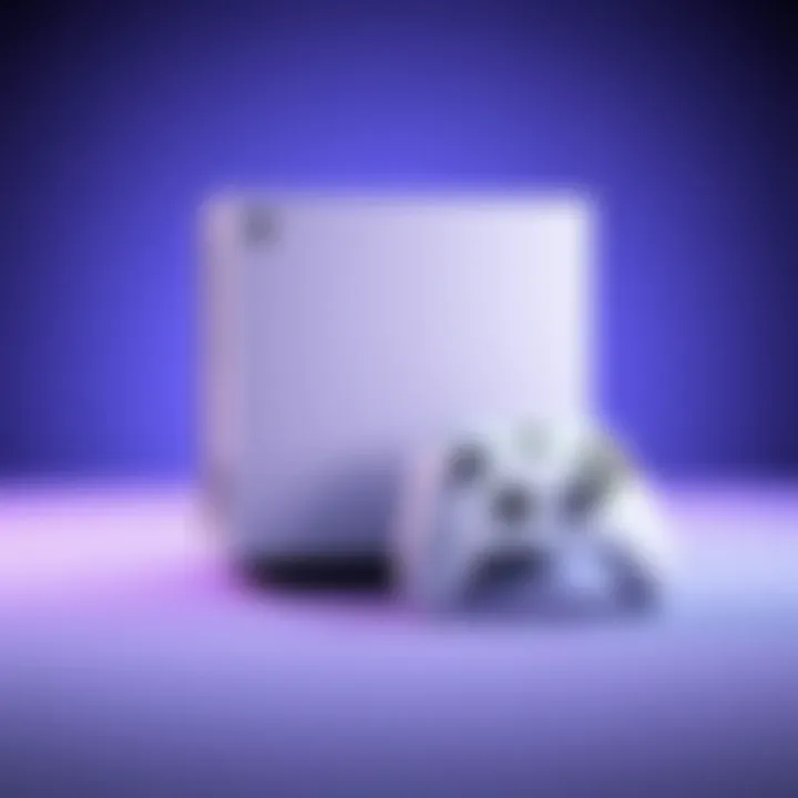 An Xbox Series S console placed next to a gaming controller, showcasing its sleek design and compact size.