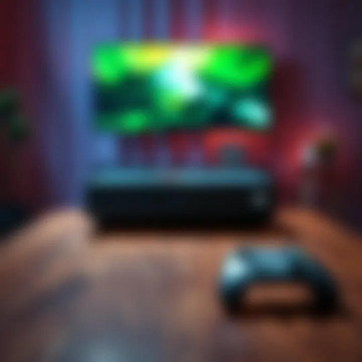 An Xbox Series S console displayed on a wooden table with a game controller beside it