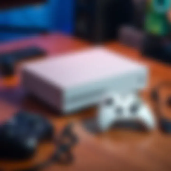 A sleek Xbox Series S console beside its white controller, set on a wooden table with gaming accessories nearby.
