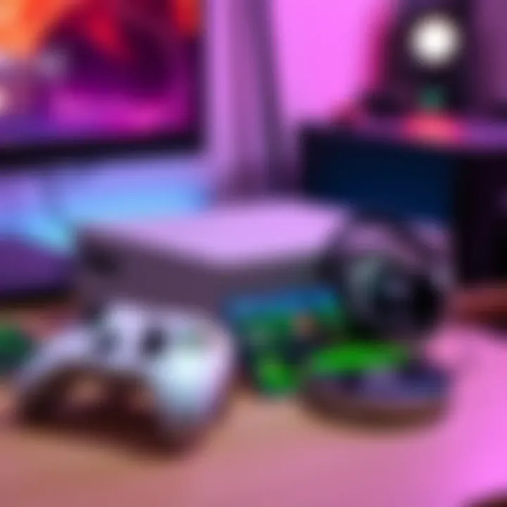 An Xbox Series S console placed on a desk beside a gaming controller and headset, with a game disc nearby, showcasing a gaming setup.