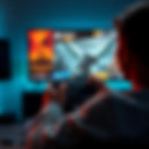 A gamer playing Xbox Series S with popular titles like Hogwarts Legacy and Arkham Knight visible on screen