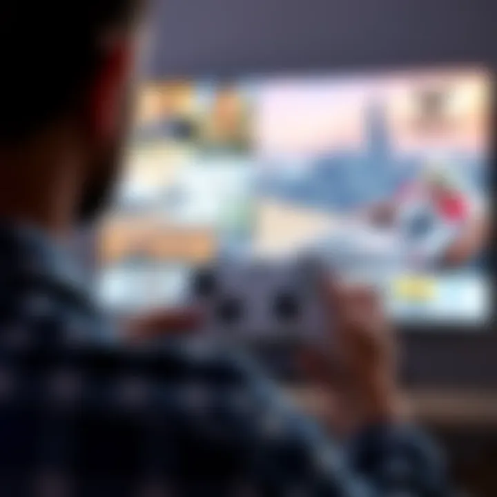 A gamer holding an Xbox Series S controller with GTA 6 displayed on the TV screen in the background.