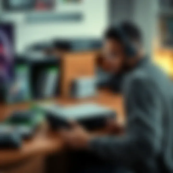 A gamer organizing storage options for their Xbox Series S, displaying game cases and external storage devices on a desk.