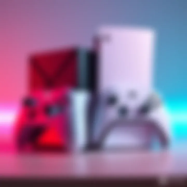 A side-by-side view of an Xbox Series S and a PS5 console with gaming controllers, highlighting their designs.