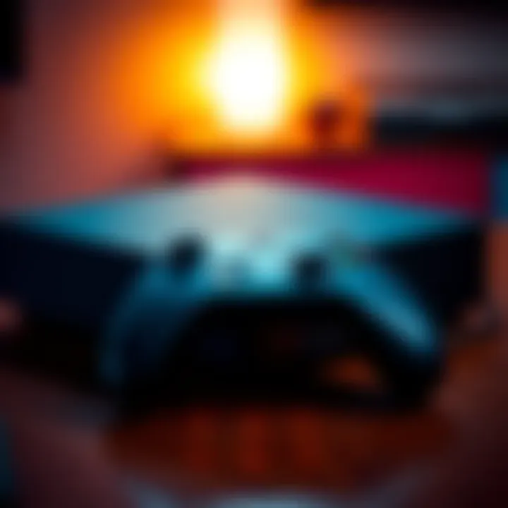 A close-up view of the Xbox Series X console with a controller on a wooden table, showcasing its sleek design and power button.