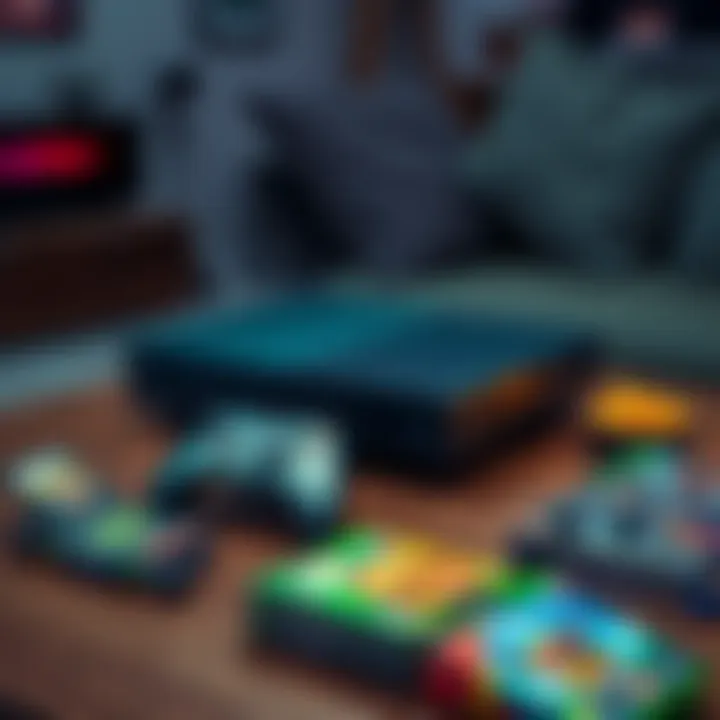 An Xbox Series X console with a matching controller on a living room table, surrounded by game cases and snacks.