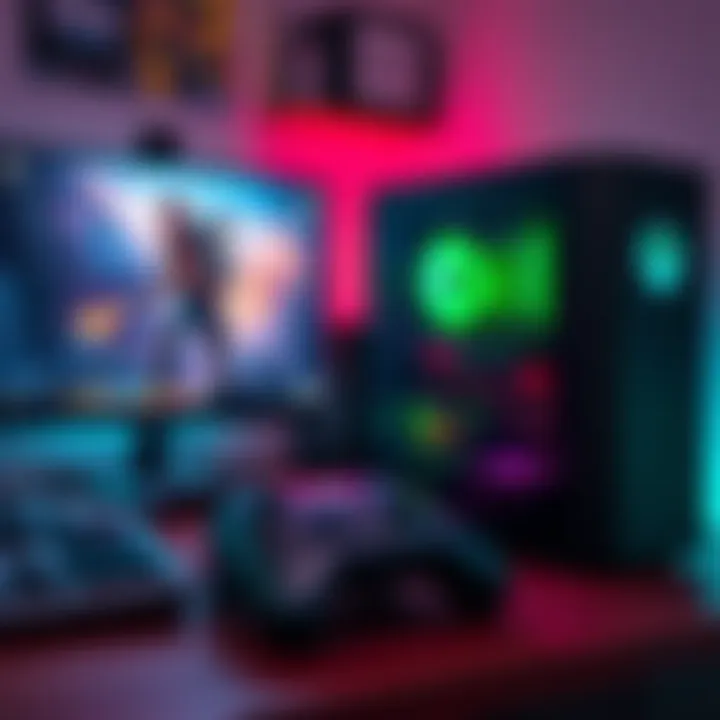 An Xbox Series X console next to a powerful gaming PC on a desk with games and accessories