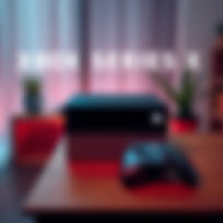 An Xbox Series X console placed on a wooden table with a controller beside it