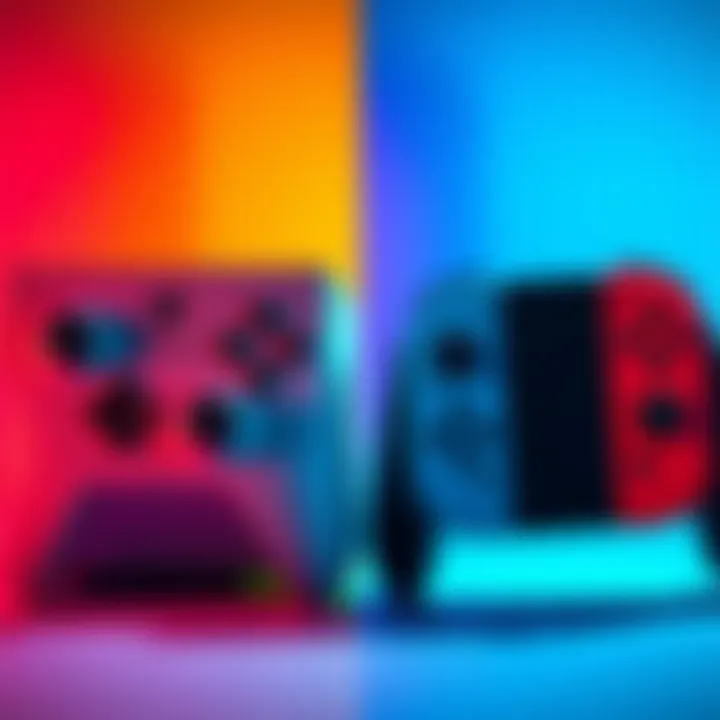 A side-by-side view of Xbox X and Nintendo Switch 2 with controllers, showing their designs and gaming interfaces.