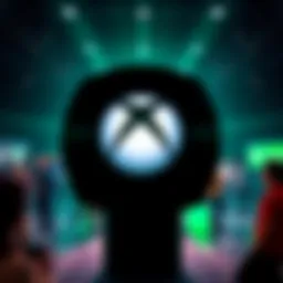 A Microsoft Xbox logo with a backdrop of people discussing the recent layoffs within the gaming division.