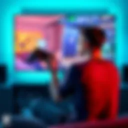An avid gamer sitting in front of a TV, holding an Xbox controller in one hand and a PlayStation controller in the other, looking at a game screen with both consoles displayed.