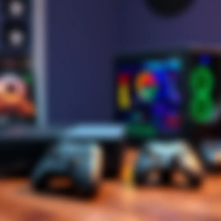 A comparison of an Xbox console and a gaming PC setup on a table with game controllers