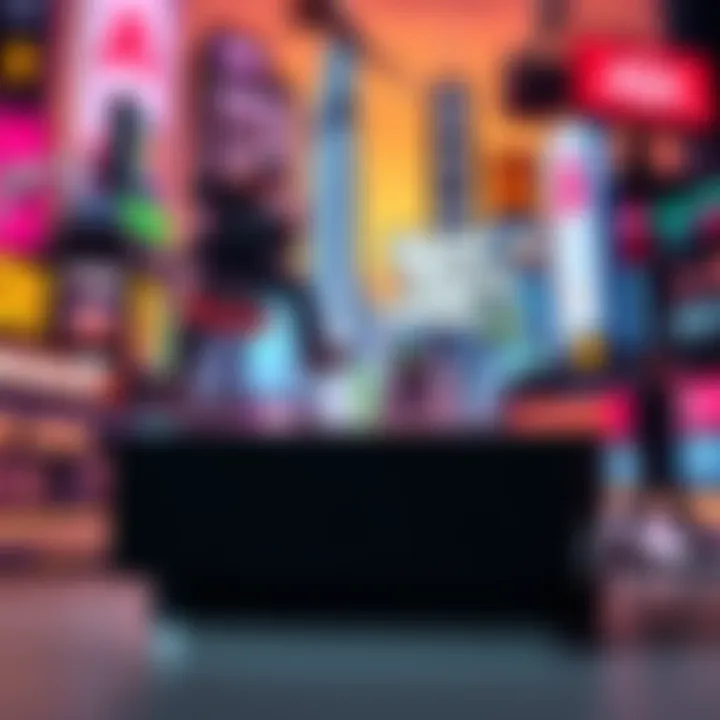 An Xbox X console displayed with a vibrant GTA 6 themed backdrop featuring city elements and action scenes.
