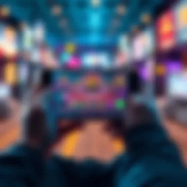 A person playing games on a smartphone with touch controls, showcasing various game icons on the screen