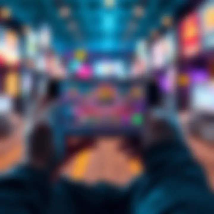 A person playing games on a smartphone with touch controls, showcasing various game icons on the screen