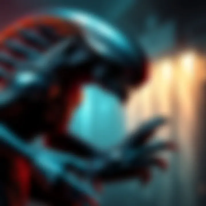 A fierce-looking Xenomorph character with sharp claws and a menacing gaze, positioned in a dark gaming environment, showing its stealth and power against turrets in action.