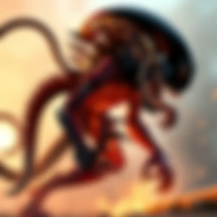 A xenomorph creature using its tail to strike during a game battle