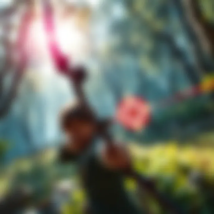 A character draws the Xenon bow, aiming at enemy targets in a bright forest setting.