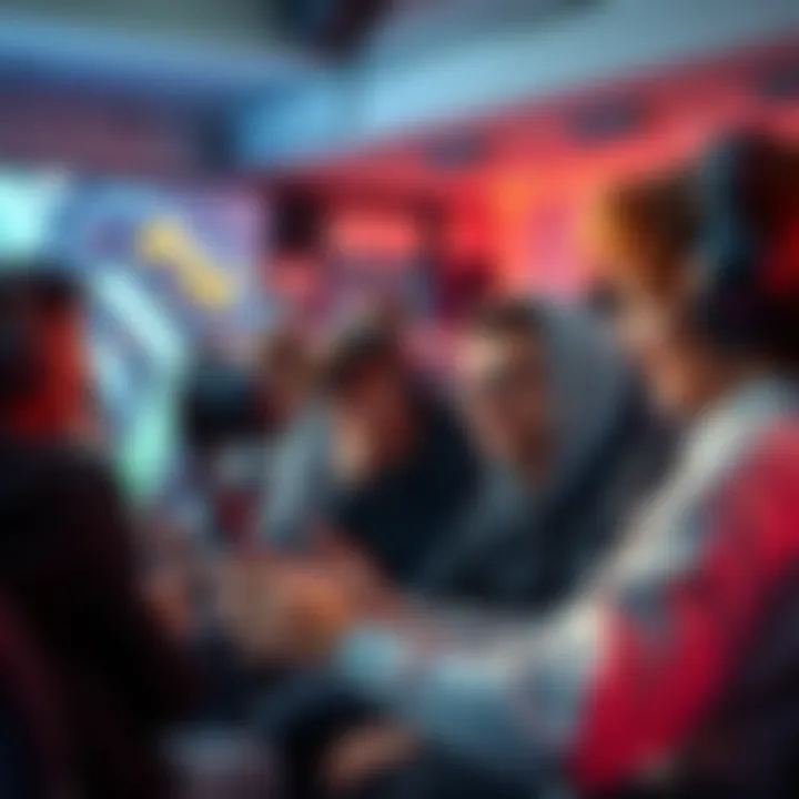 A group of streamers with gaming gear, discussing and sharing experiences in a lively chat room