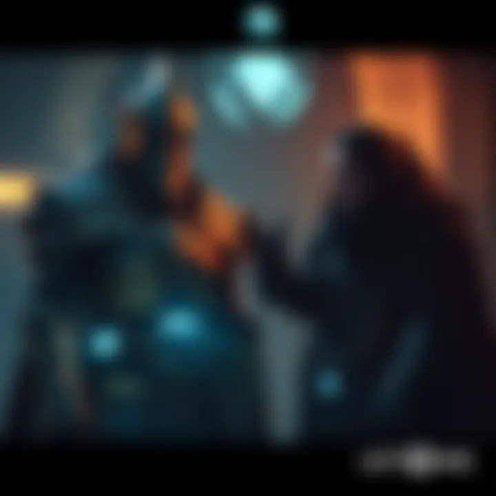Xur, wearing his unique armor and mask, stands beside Skolas, who appears fierce with his dark attire, engaged in a tense dialogue, surrounded by a dimly lit, mysterious setting.