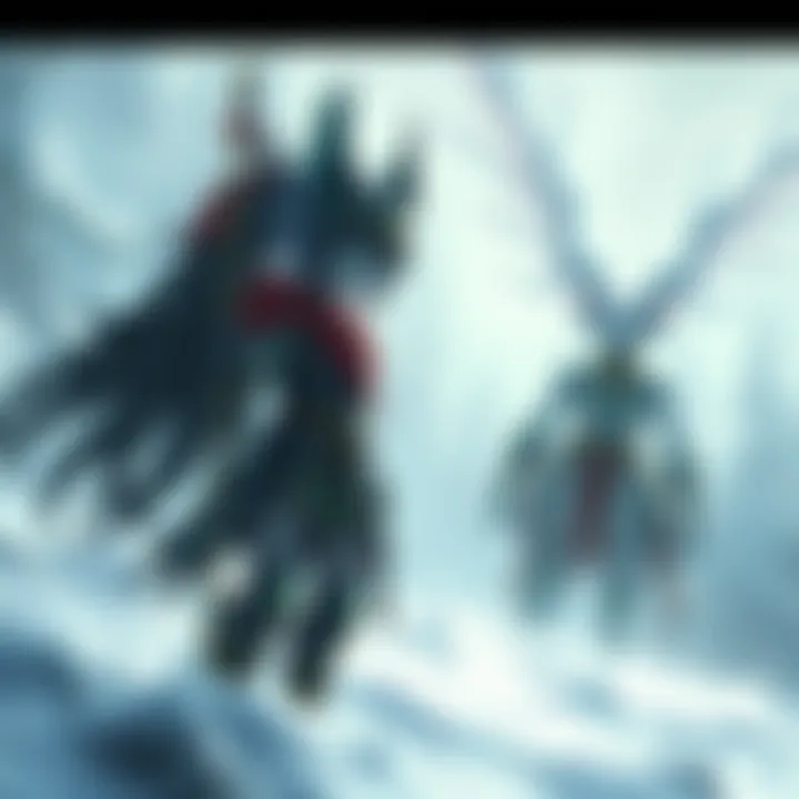 Xxoreo stands in a dramatic snowstorm, facing the Winter Fey, with a fierce look on her face ready for battle.