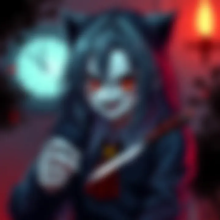 A Yandere character with a sinister smile holding a knife, surrounded by dark, horror-themed elements