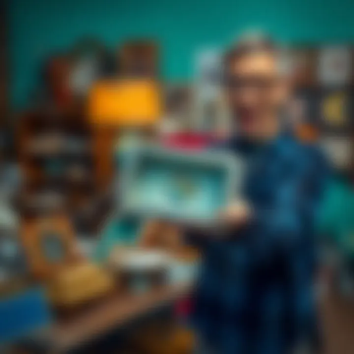 A person holds a vintage item found at a yard sale, looking excited and surprised, with other items displayed on a table in the background.