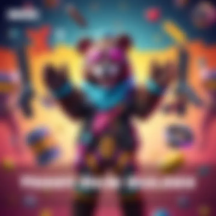 A character resembling a bear dressed in vibrant attire, surrounded by game elements and hints to unlock the Yeddy skin, set against a colorful gaming background.