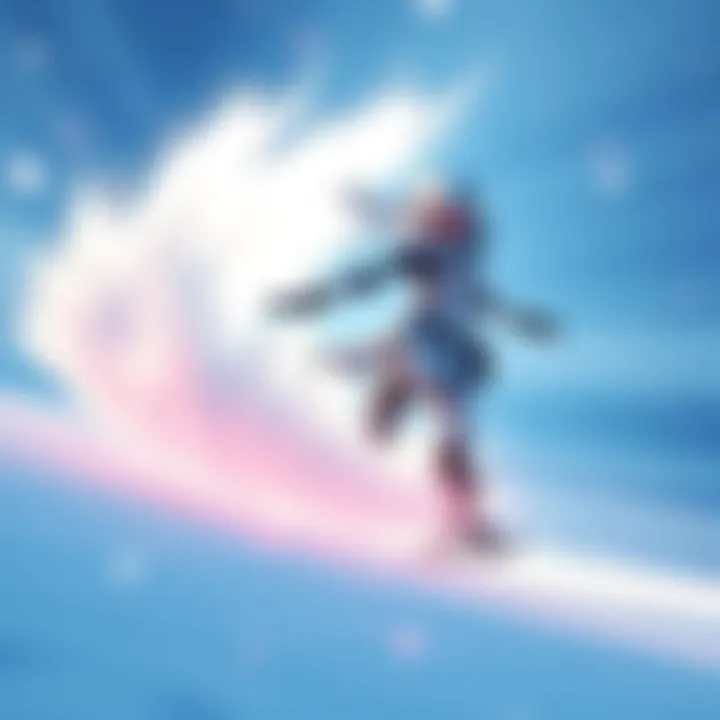 Yelania, an ice-skating character in Warframe, performs a dynamic move, creating ice spikes and surrounded by a swirling blizzard.