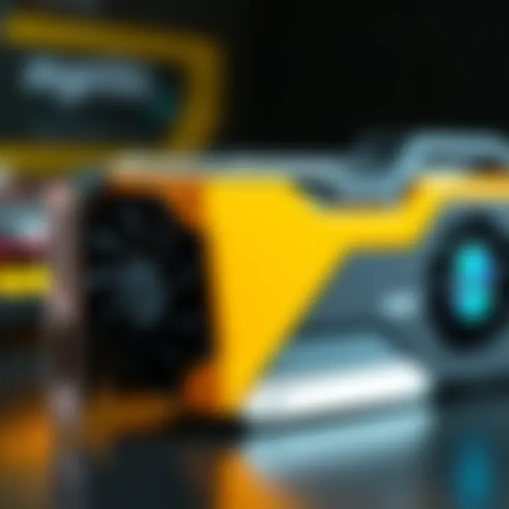 Close-up of a yellow key card next to a graphics card with a new fan shield