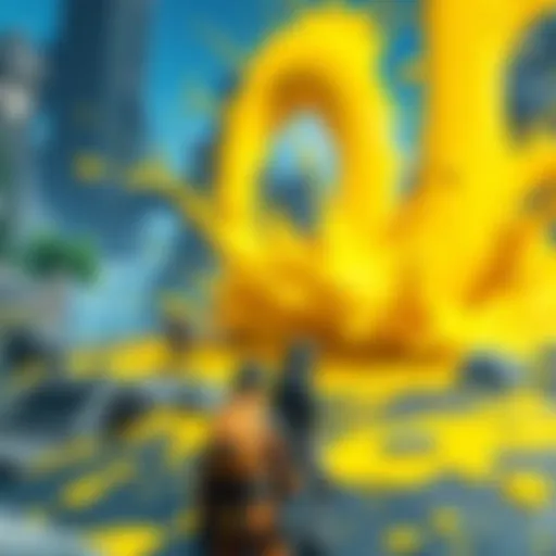 A digital artwork showing yellow paint splashed across a game level with vibrant scenery and characters interacting with it.