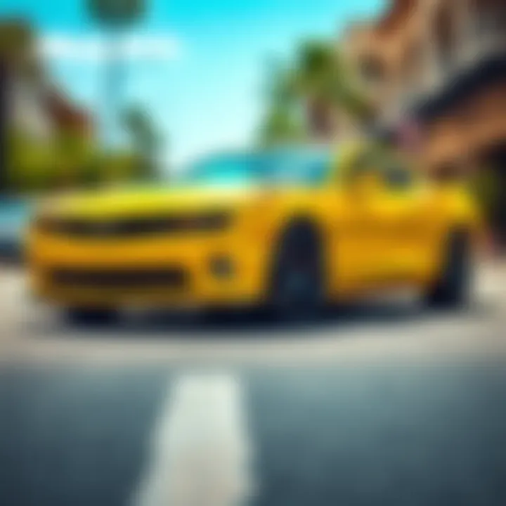 A bright yellow Camaro parked on a sunny street, capturing the essence of summer vibes.