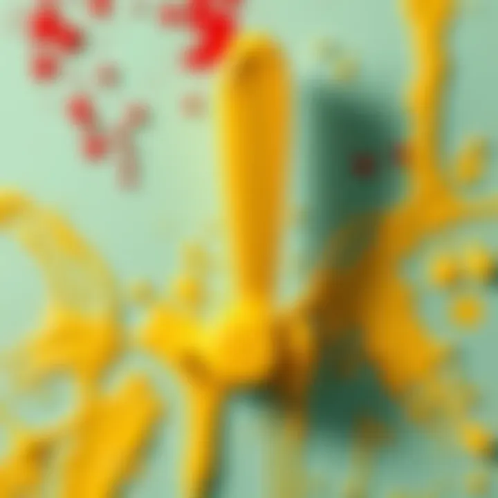 A quirky yellow paint lever with paint splatters around it, emphasizing its unusual design