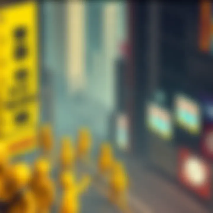 Art featuring yellow stickman characters in a surreal cityscape with isometric view